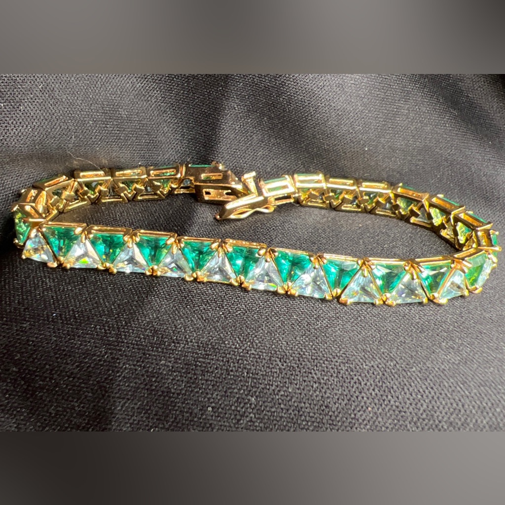Utc 925 Sterling Silver Blue & Green Cz Trillion Triangle Cut Vermeil Bracelet